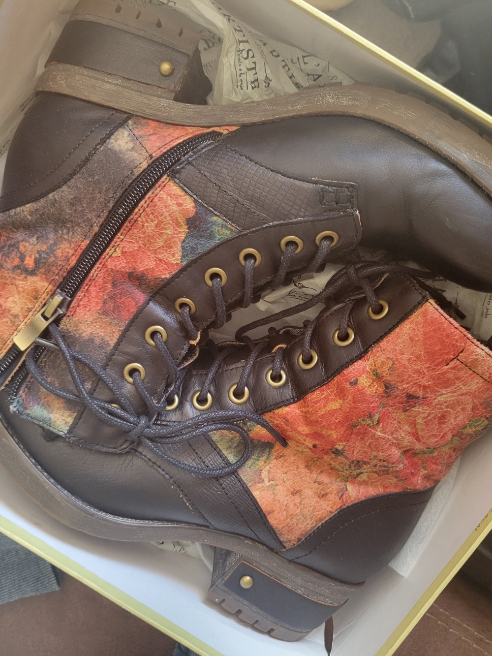 Brown Lace-Up Women’s Ankle Boots with Orange Floral Panels